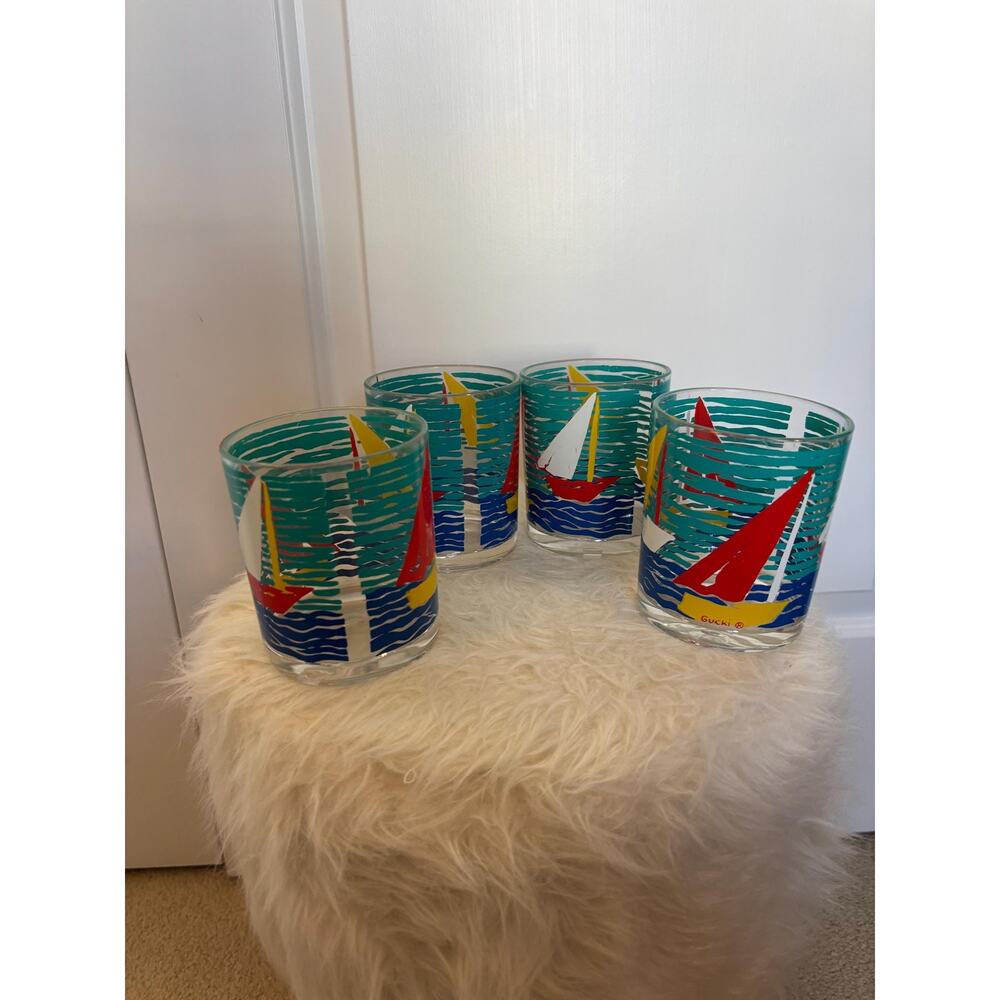 vintage H.J. Stotter “Gucki” acrylic old-fashioned glasses sailboat design